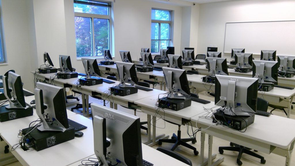 View of computer stations in the room.