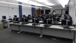 View of computer stations in the room.