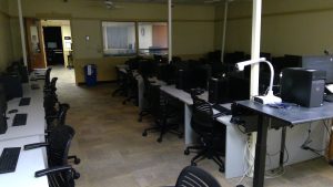 View of computer stations in the room.