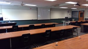 View of computer stations in the room.