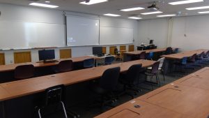 View of computer stations in the room.