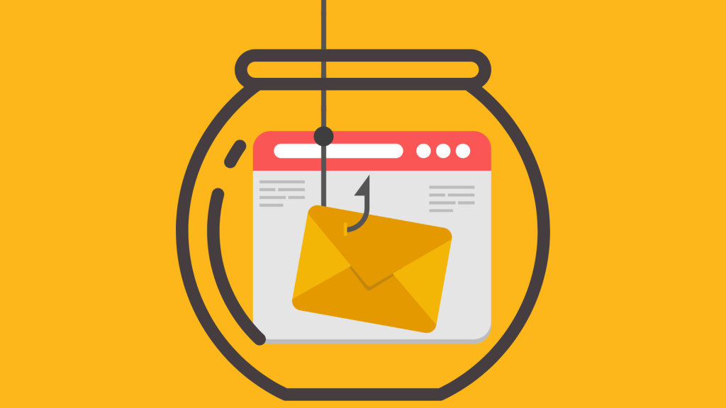 Email icon caught in a fishing hook inside a fish bowl