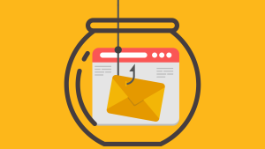 Email icon caught in a fishing hook inside a fish bowl