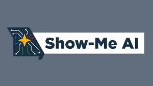 Show-Me AI logo on a gray background. Logo is the outline of Missouri with circuitry lines extending across the state