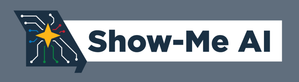 Show-Me AI logo on a gray background. Logo is the outline of Missouri with circuitry lines extending across the state