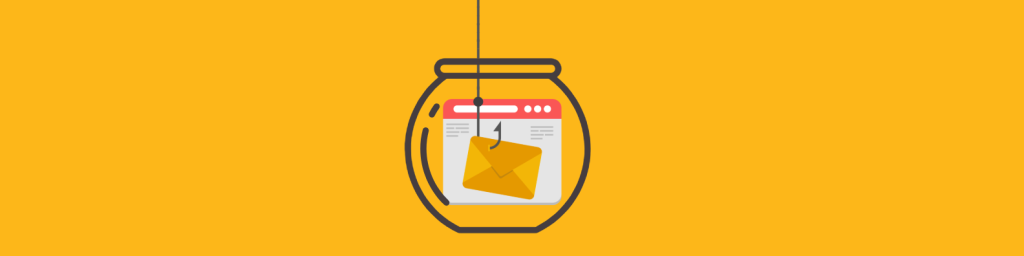 Email icon caught in a fishing hook inside a fish bowl