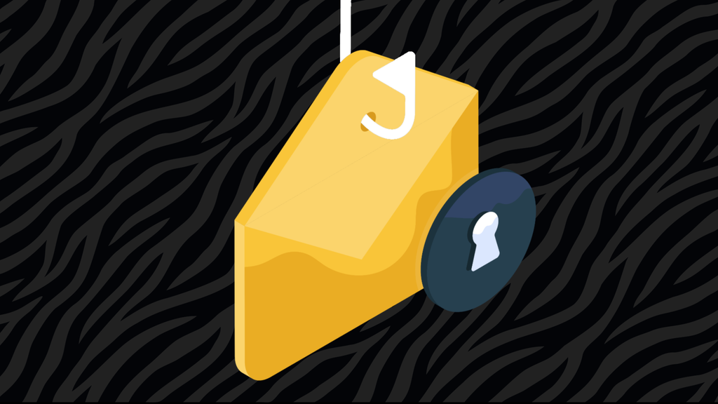 Gold envelope hooked on a fishing line with a locked security icon on black and gray tiger stripes background