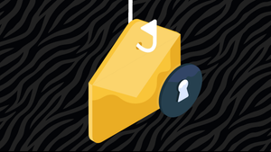 Gold envelope hooked on a fishing line with a locked security icon on black and gray tiger stripes background